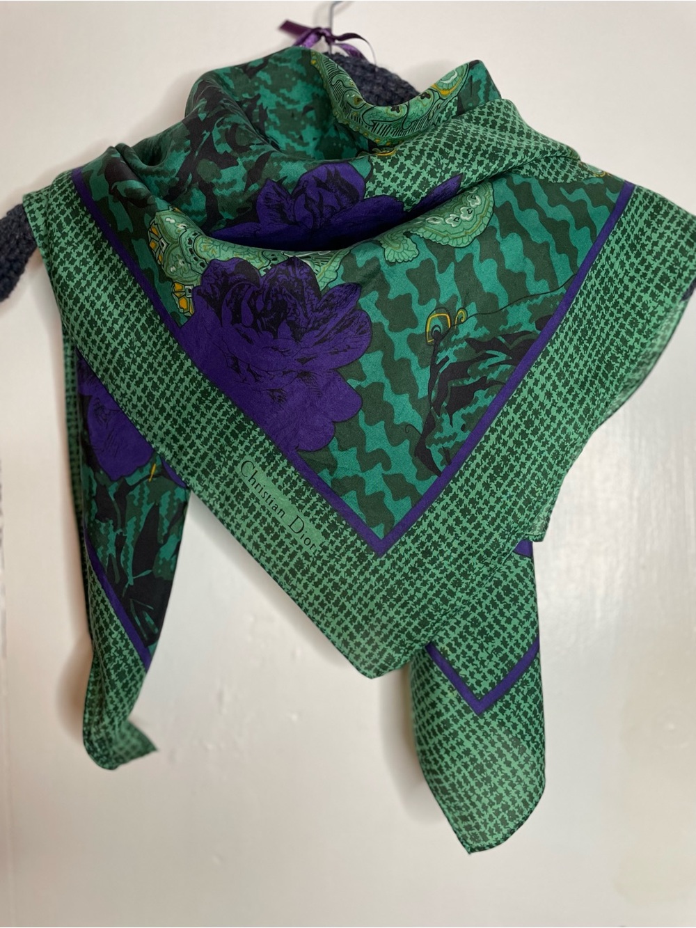 Christian Dior Vintage Silk Square Scarf Green Purple Black Paisley & Floral